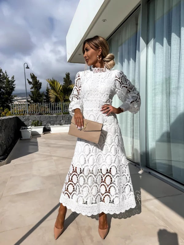 Women's High Neck Long Sleeve Lace Midi Dress with Scalloped Hem