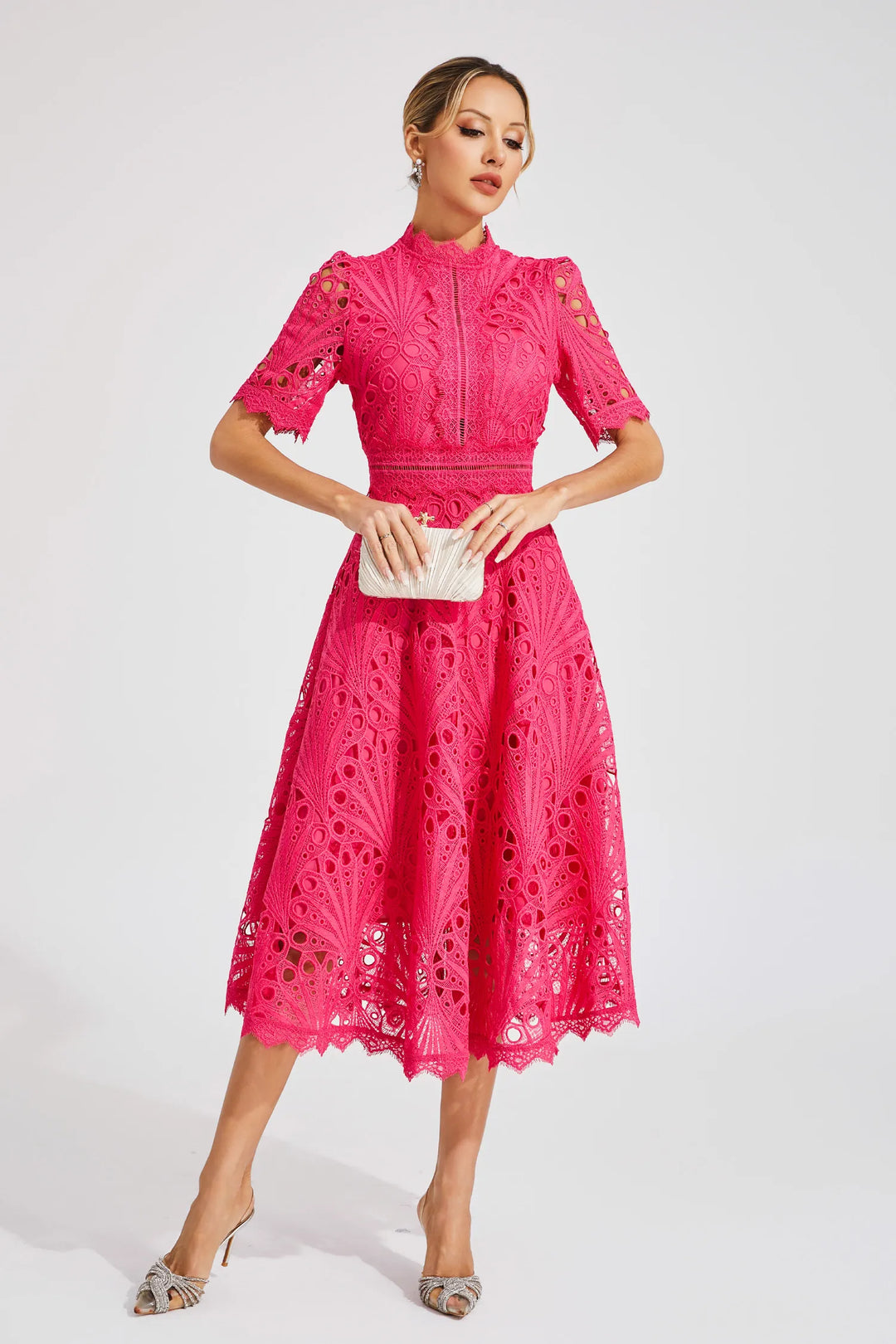 Women's High Neck Short Sleeve Eyelet Midi Dress with Scalloped Hem and A-Line Skirt