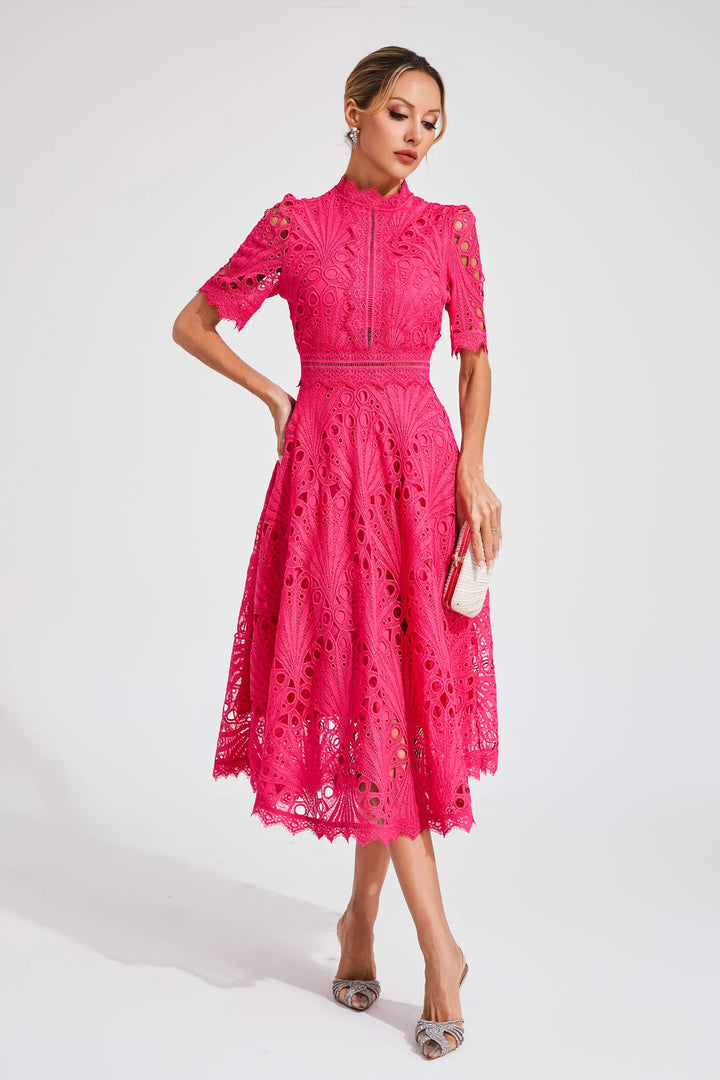 Women's High Neck Short Sleeve Eyelet Midi Dress with Scalloped Hem and A-Line Skirt