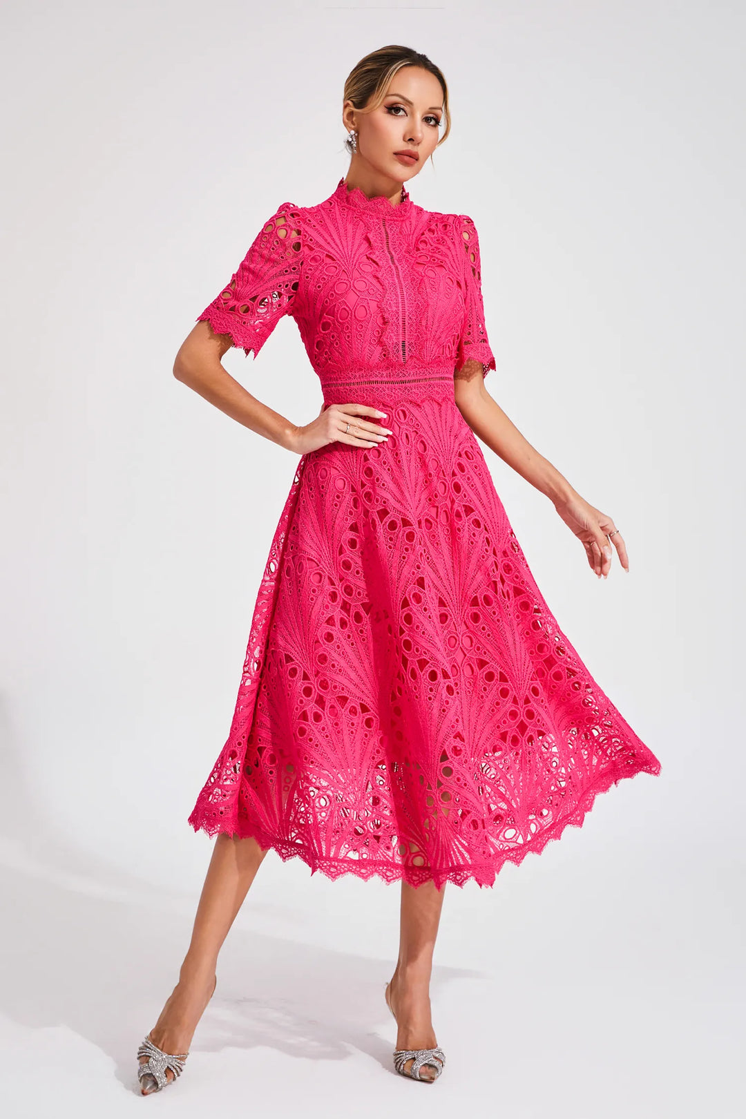Women's High Neck Short Sleeve Eyelet Midi Dress with Scalloped Hem and A-Line Skirt
