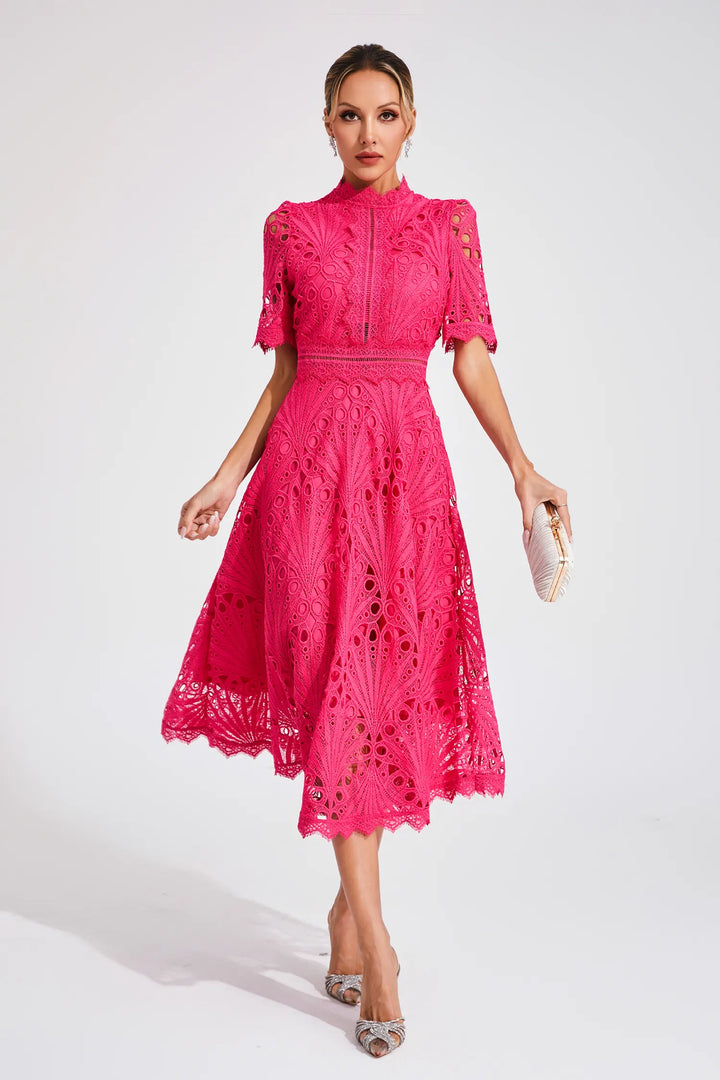 Women's High Neck Short Sleeve Eyelet Midi Dress with Scalloped Hem and A-Line Skirt