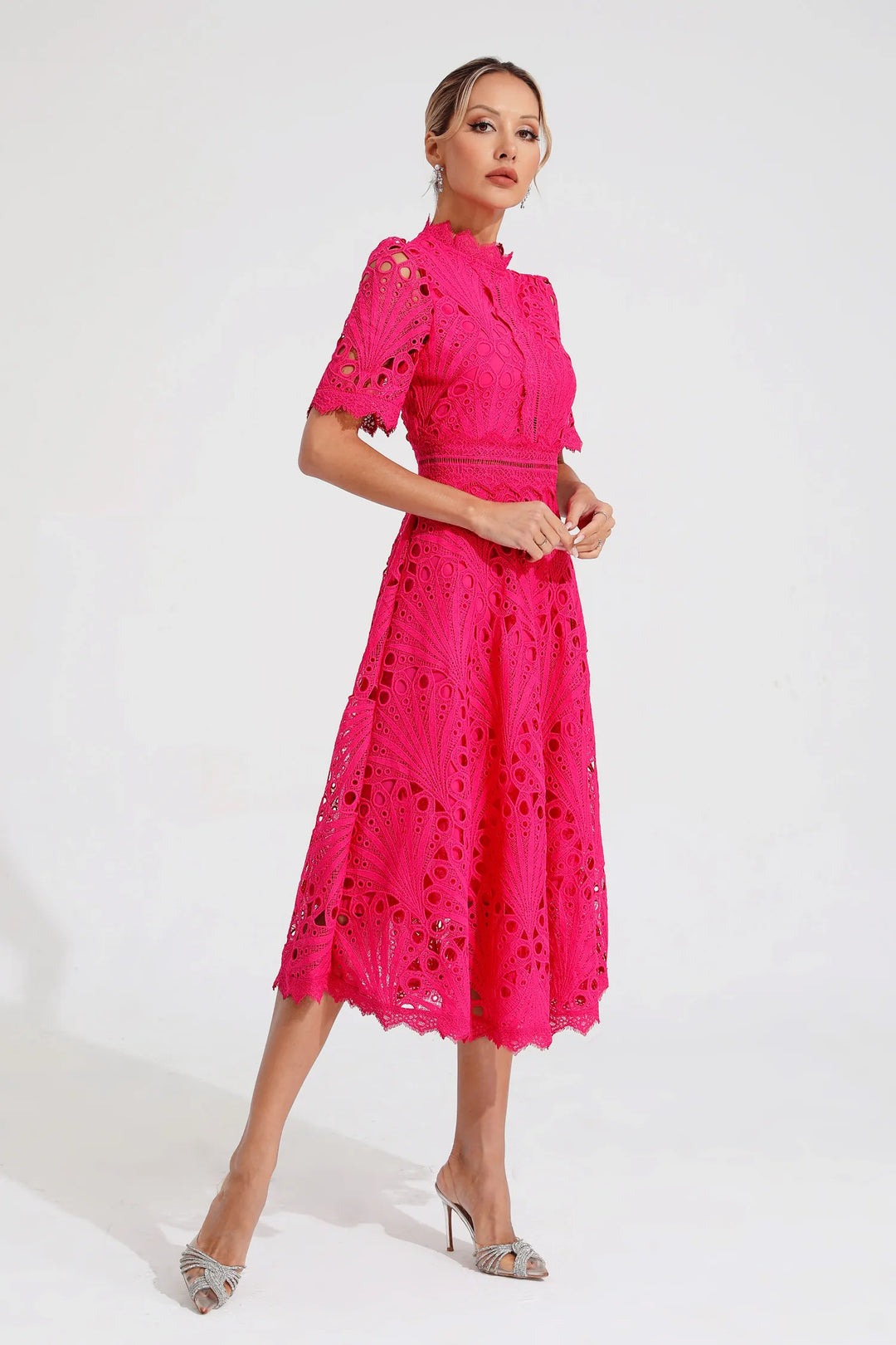 Women's High Neck Short Sleeve Eyelet Midi Dress with Scalloped Hem and A-Line Skirt