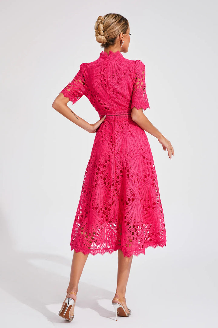 Women's High Neck Short Sleeve Eyelet Midi Dress with Scalloped Hem and A-Line Skirt