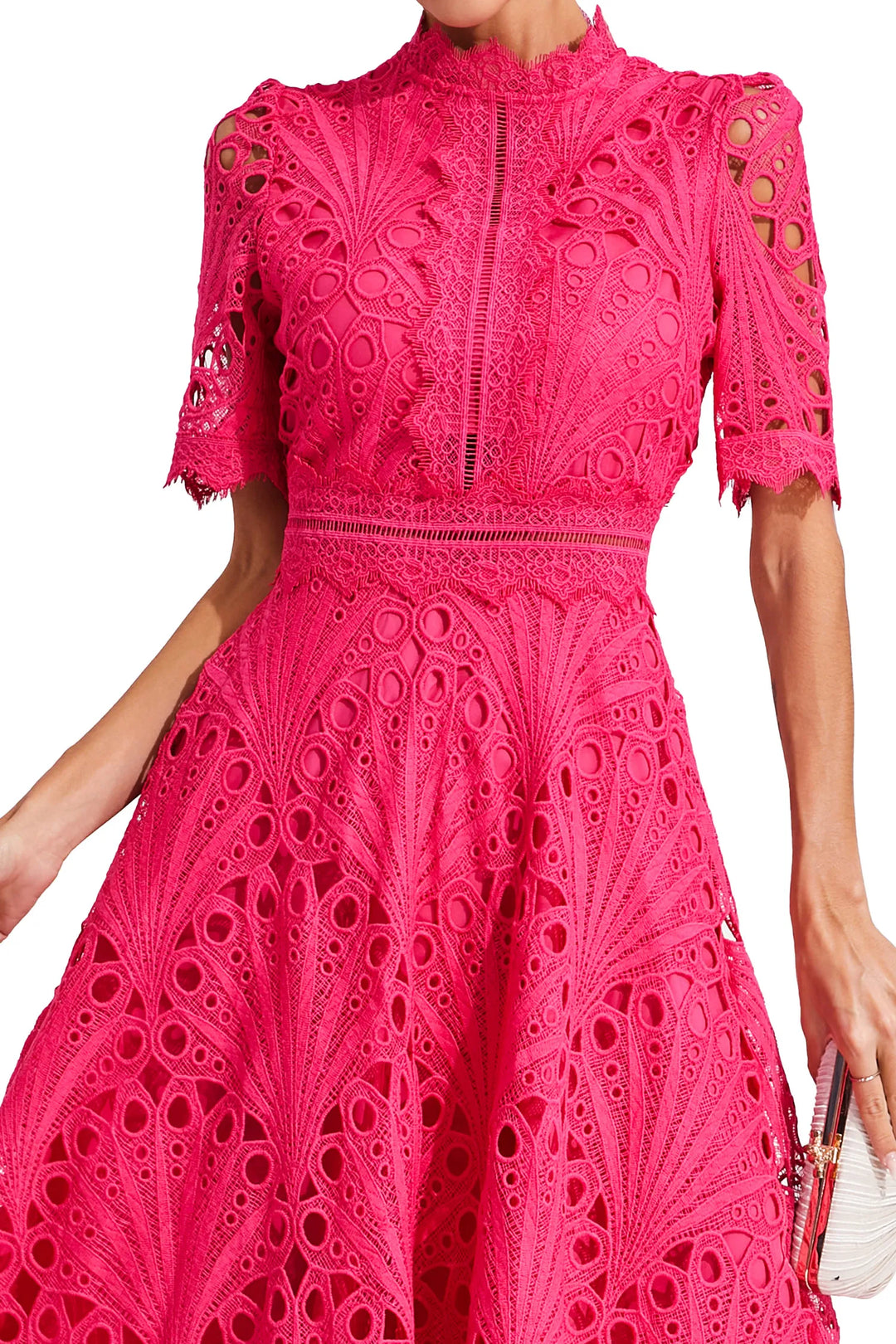 Women's High Neck Short Sleeve Eyelet Midi Dress with Scalloped Hem and A-Line Skirt