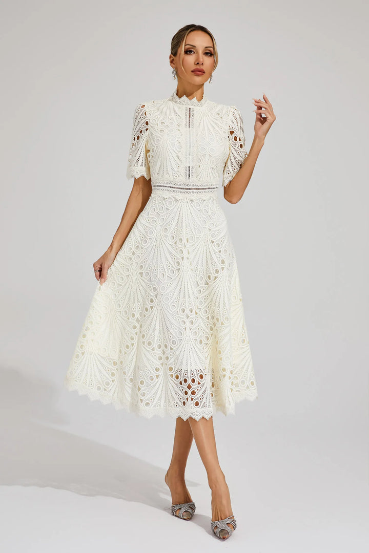 Women's High Neck Short Sleeve Eyelet Midi Dress with Scalloped Hem and A-Line Skirt