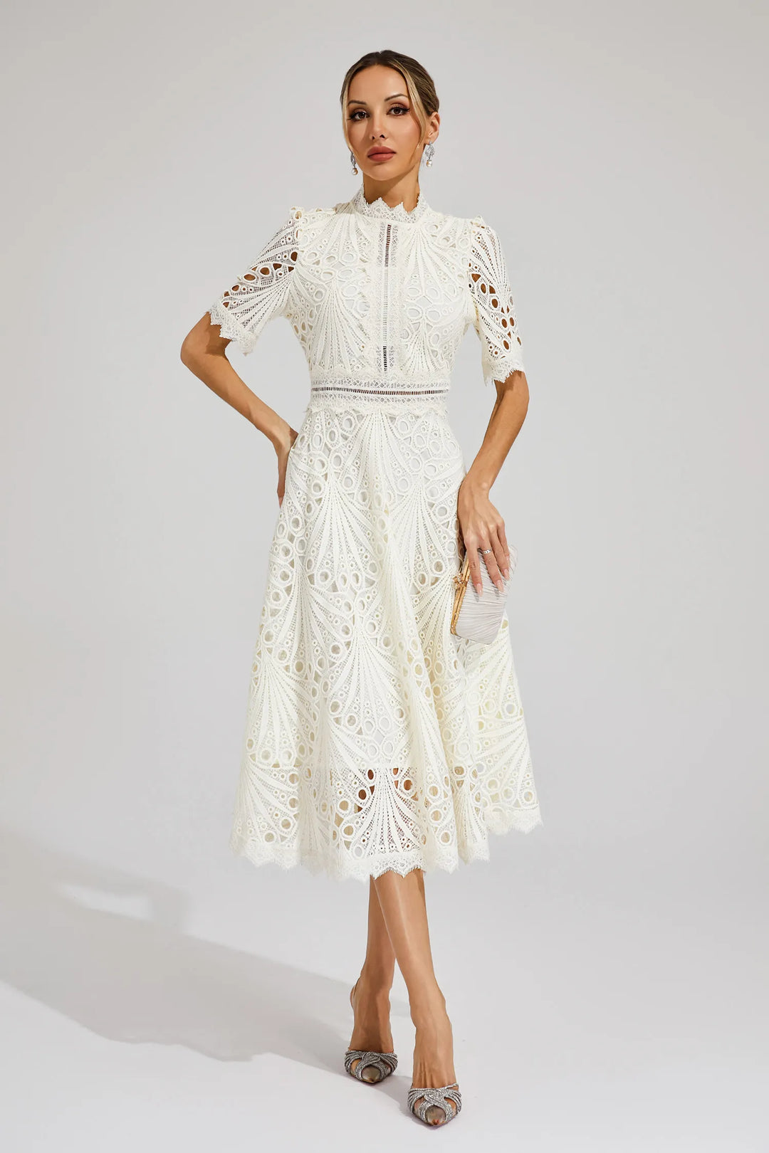 Women's High Neck Short Sleeve Eyelet Midi Dress with Scalloped Hem and A-Line Skirt