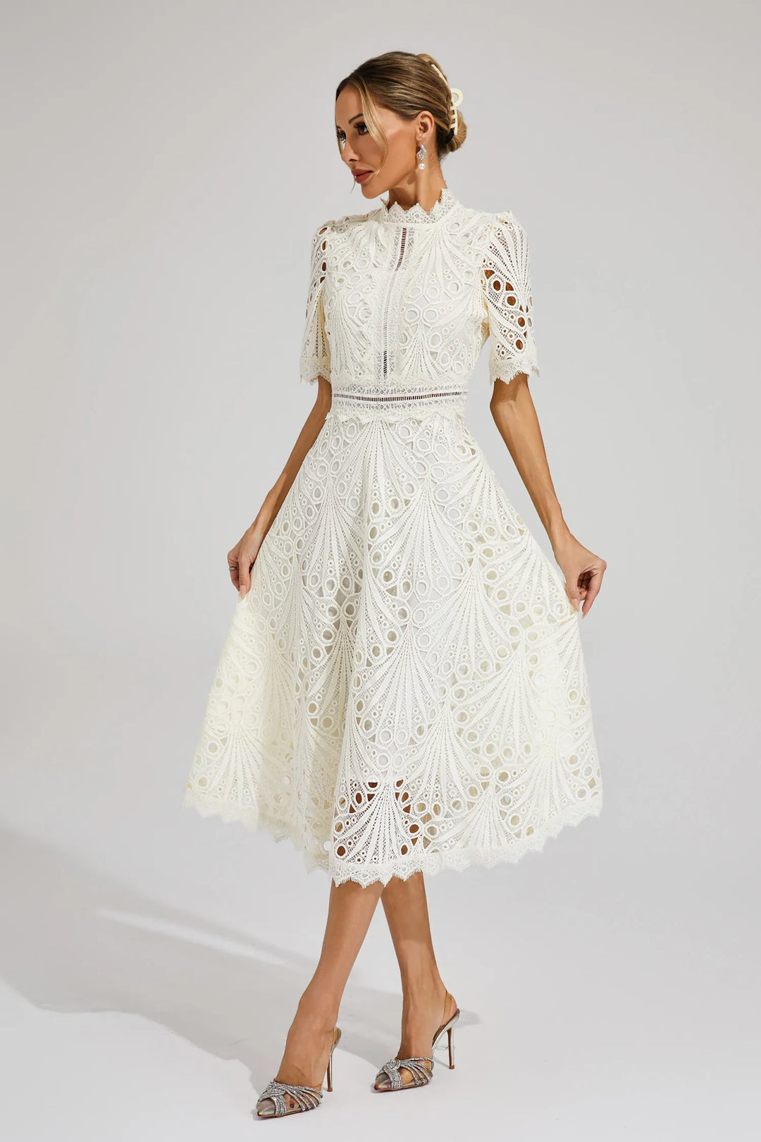 Women's High Neck Short Sleeve Eyelet Midi Dress with Scalloped Hem and A-Line Skirt