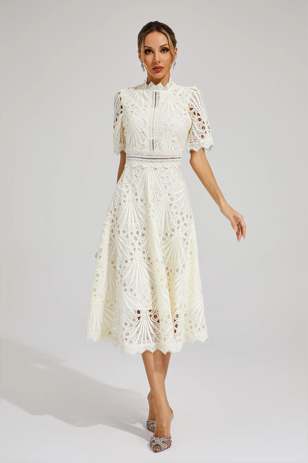 Women's High Neck Short Sleeve Eyelet Midi Dress with Scalloped Hem and A-Line Skirt
