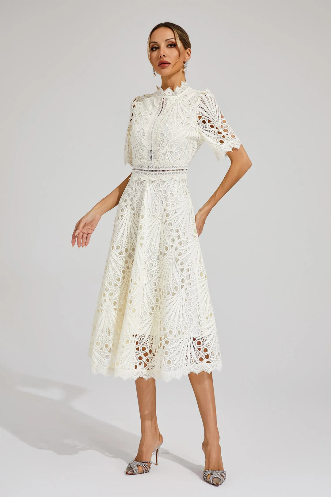Women's High Neck Short Sleeve Eyelet Midi Dress with Scalloped Hem and A-Line Skirt