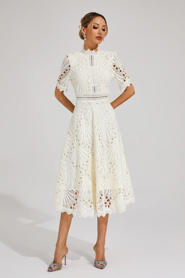 Women's High Neck Short Sleeve Eyelet Midi Dress with Scalloped Hem and A-Line Skirt