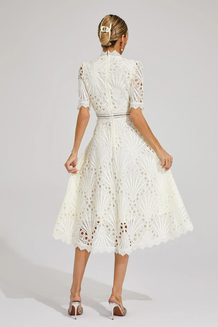 Women's High Neck Short Sleeve Eyelet Midi Dress with Scalloped Hem and A-Line Skirt