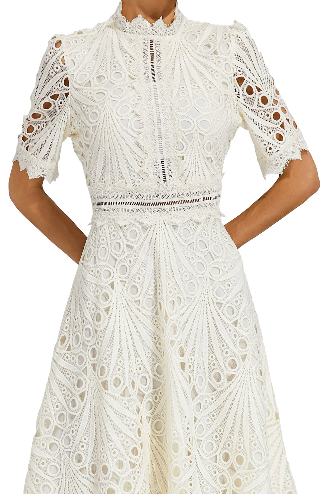 Women's High Neck Short Sleeve Eyelet Midi Dress with Scalloped Hem and A-Line Skirt