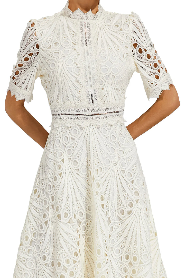 Women's High Neck Short Sleeve Eyelet Midi Dress with Scalloped Hem and A-Line Skirt