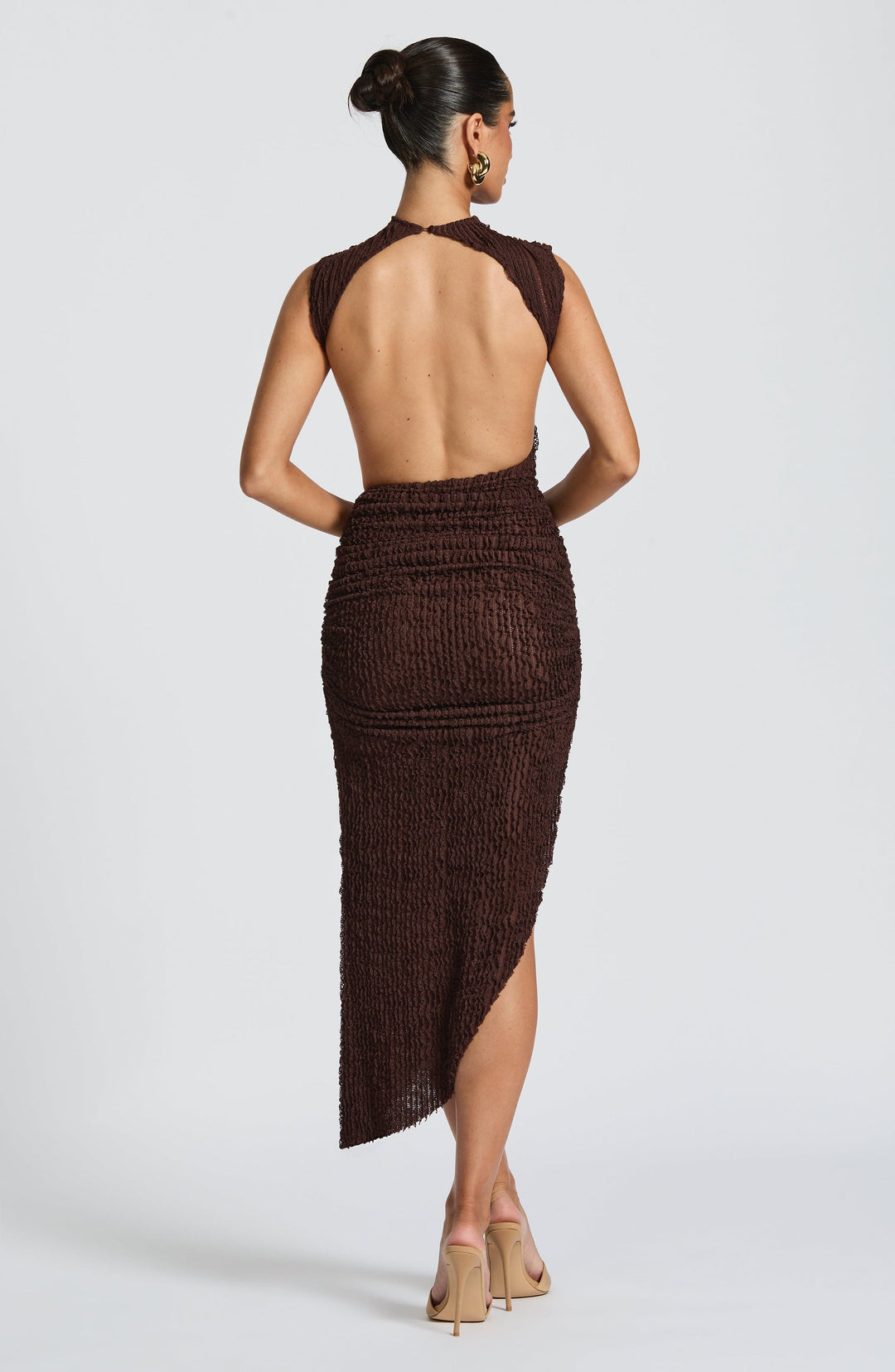 Women's High Neckline Sleeveless Midi Dress with Open Back and Side Openings