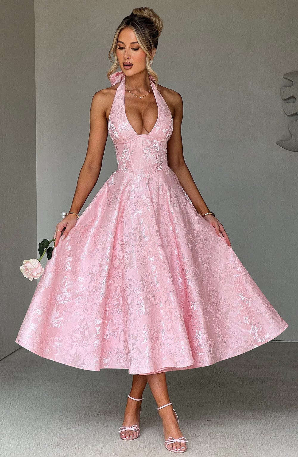 Women's Lace-Up Back Halterneck Midi Dress with Plunging V-Neckline and Full Skirt