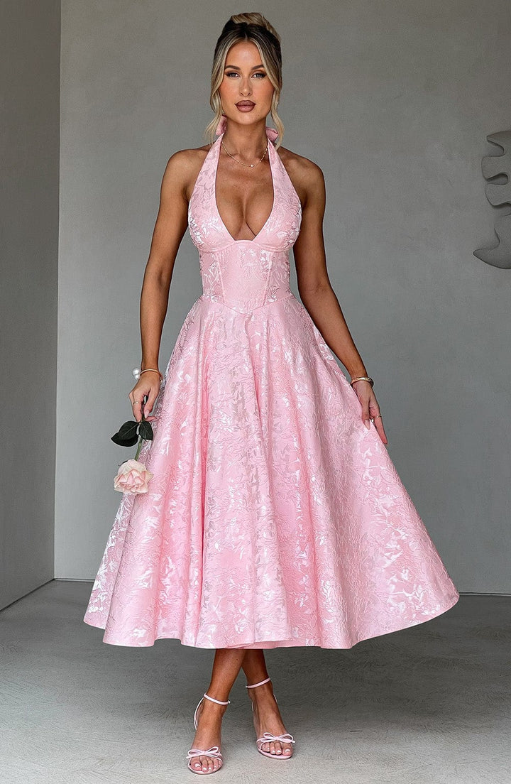 Women's Lace-Up Back Halterneck Midi Dress with Plunging V-Neckline and Full Skirt