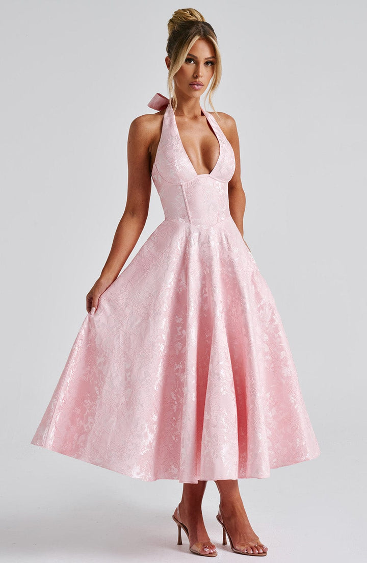 Women's Lace-Up Back Halterneck Midi Dress with Plunging V-Neckline and Full Skirt