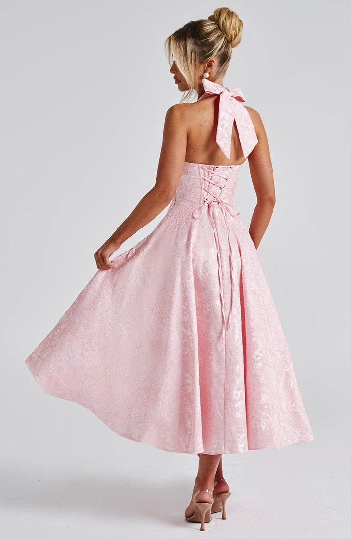 Women's Lace-Up Back Halterneck Midi Dress with Plunging V-Neckline and Full Skirt