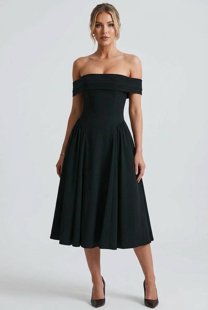 Women's Off-Shoulder Folded Neckline Midi Dress with Flared A-Line Skirt