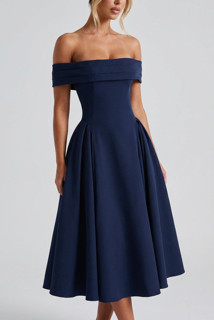 Women's Off-Shoulder Folded Neckline Midi Dress with Flared A-Line Skirt