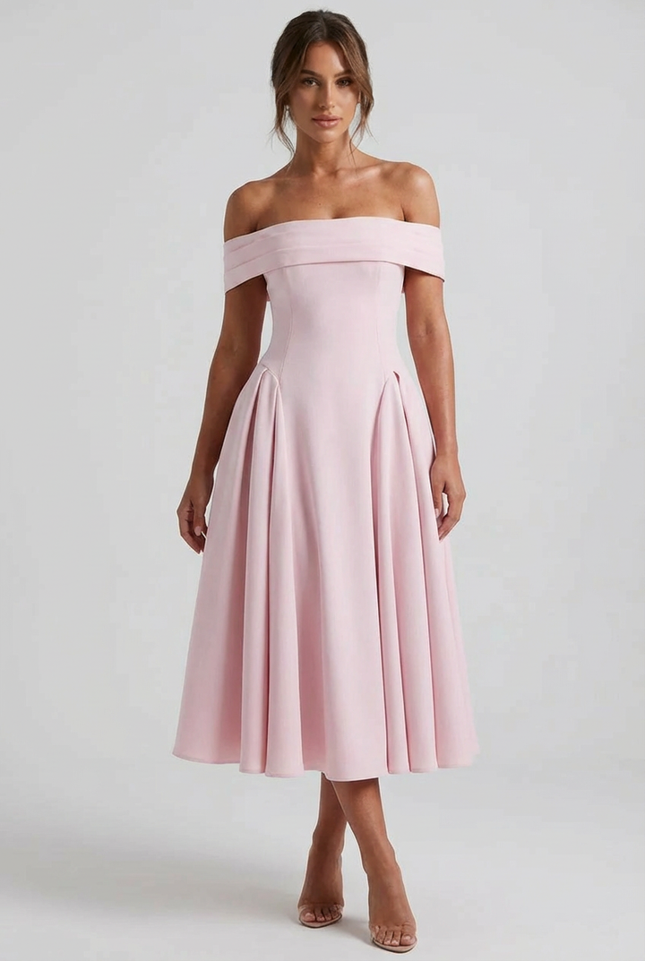 Women's Off-Shoulder Folded Neckline Midi Dress with Flared A-Line Skirt