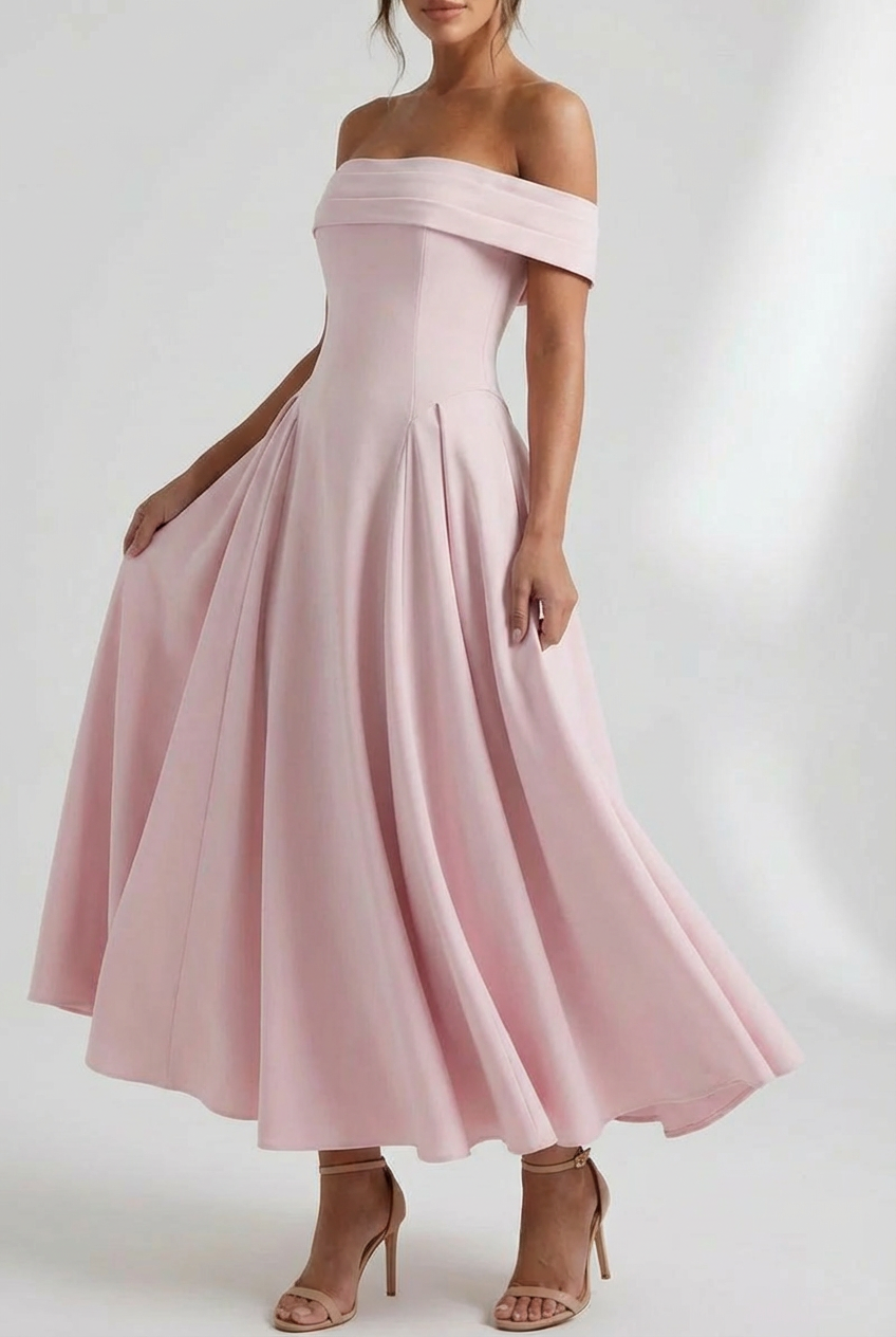 Women's Off-Shoulder Folded Neckline Midi Dress with Flared A-Line Skirt