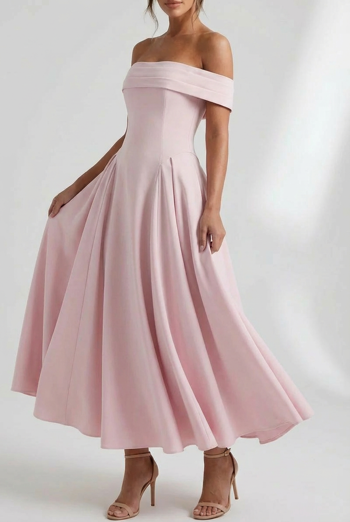 Women's Off-Shoulder Folded Neckline Midi Dress with Flared A-Line Skirt