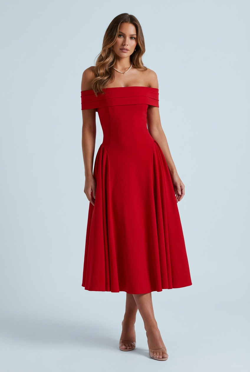 Women's Off-Shoulder Folded Neckline Midi Dress with Flared A-Line Skirt