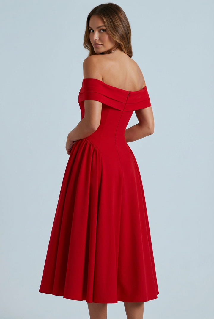 Women's Off-Shoulder Folded Neckline Midi Dress with Flared A-Line Skirt