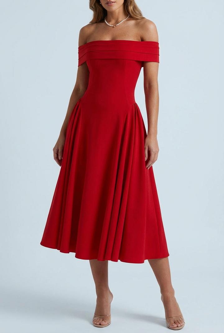 Women's Off-Shoulder Folded Neckline Midi Dress with Flared A-Line Skirt