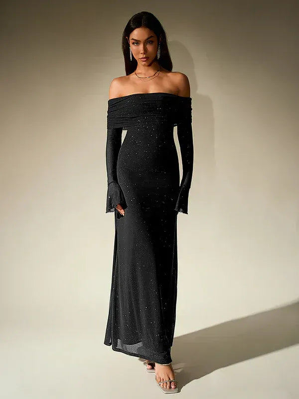 Women's Off-Shoulder Long Sleeve Maxi Dress with Flared Cuffs and Glitter Surface