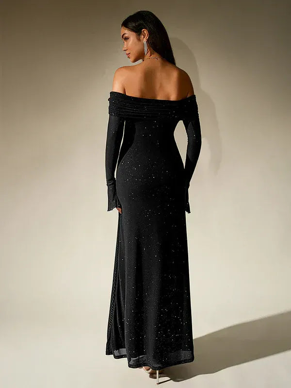 Women's Off-Shoulder Long Sleeve Maxi Dress with Flared Cuffs and Glitter Surface