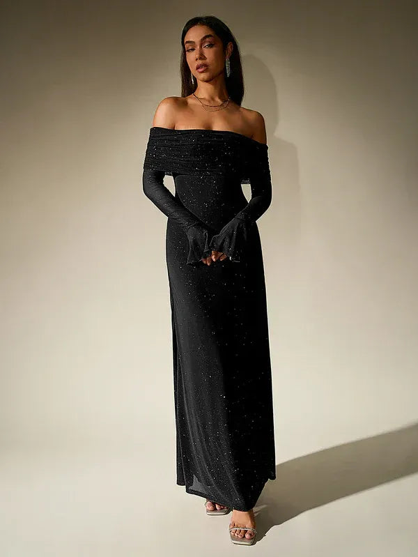 Women's Off-Shoulder Long Sleeve Maxi Dress with Flared Cuffs and Glitter Surface