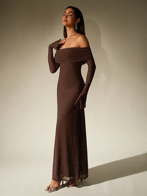 Women's Off-Shoulder Long Sleeve Maxi Dress with Flared Cuffs and Glitter Surface