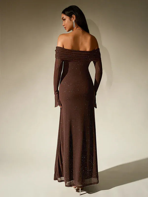 Women's Off-Shoulder Long Sleeve Maxi Dress with Flared Cuffs and Glitter Surface