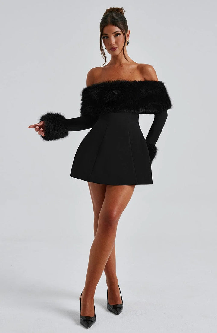 Women's Off-Shoulder Mini Dress with Faux Fur Trim Neckline and Cuffs