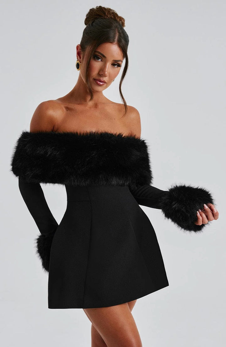Women's Off-Shoulder Mini Dress with Faux Fur Trim Neckline and Cuffs