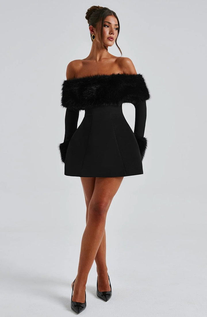 Women's Off-Shoulder Mini Dress with Faux Fur Trim Neckline and Cuffs