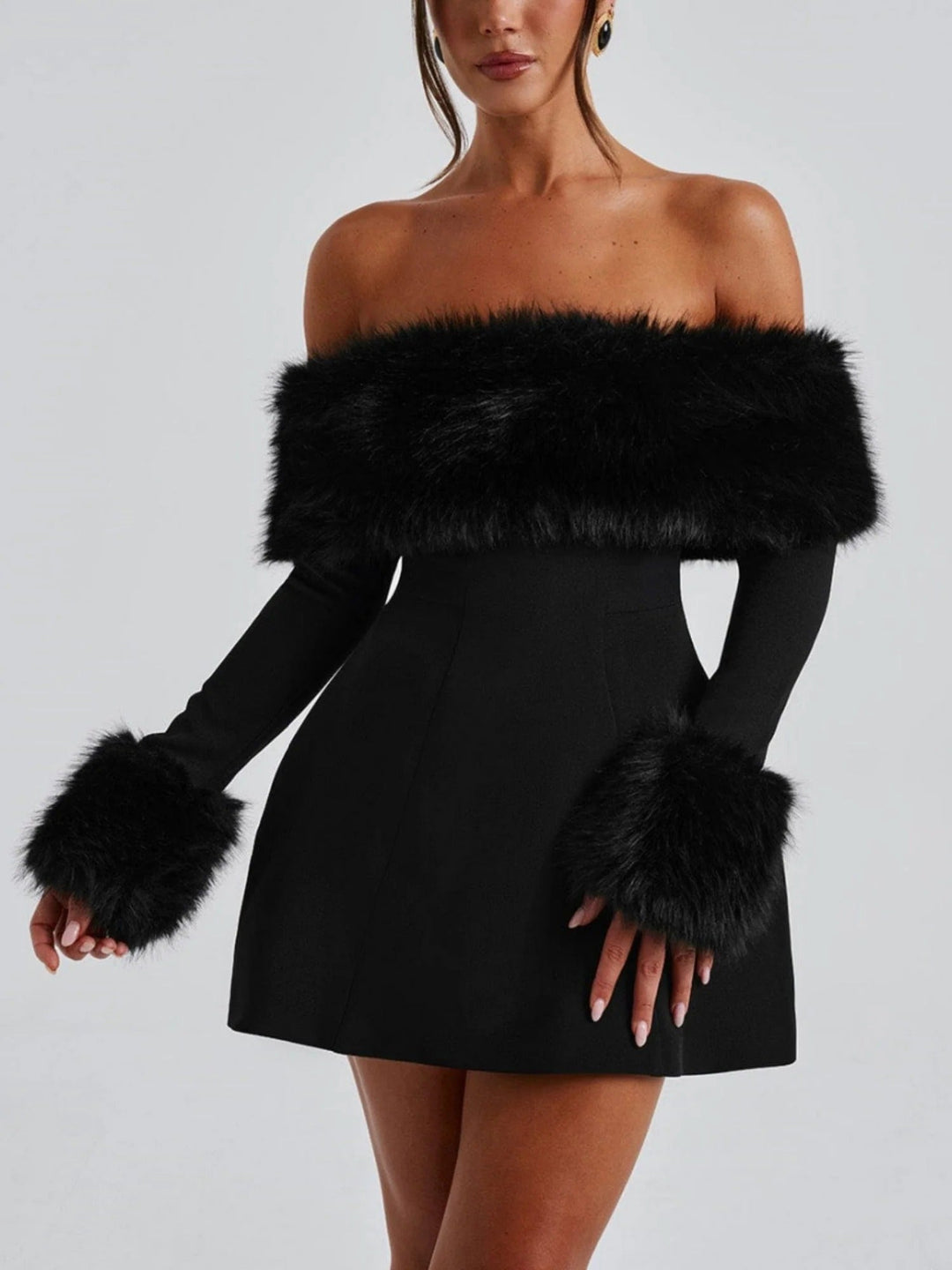 Women's Off-Shoulder Mini Dress with Faux Fur Trim Neckline and Cuffs