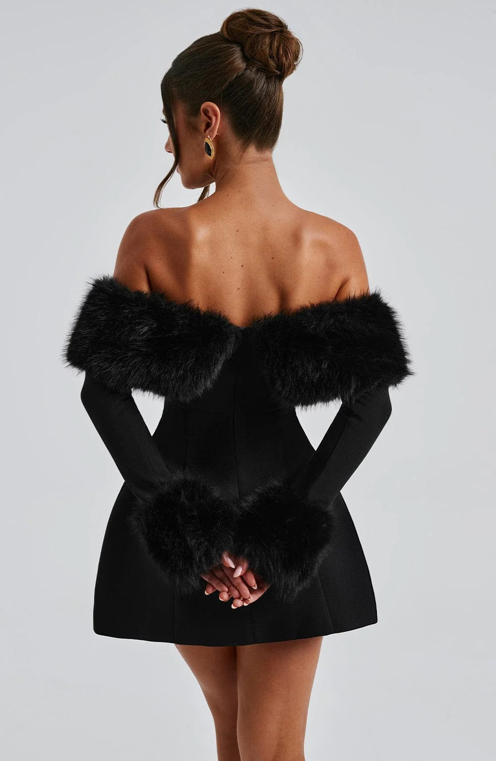 Women's Off-Shoulder Mini Dress with Faux Fur Trim Neckline and Cuffs