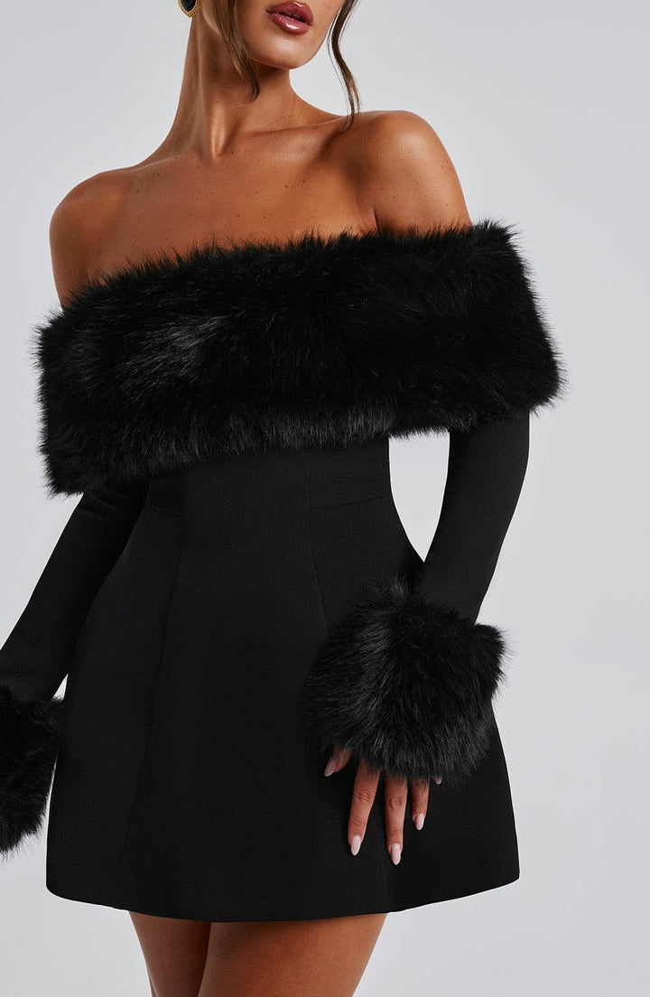 Women's Off-Shoulder Mini Dress with Faux Fur Trim Neckline and Cuffs