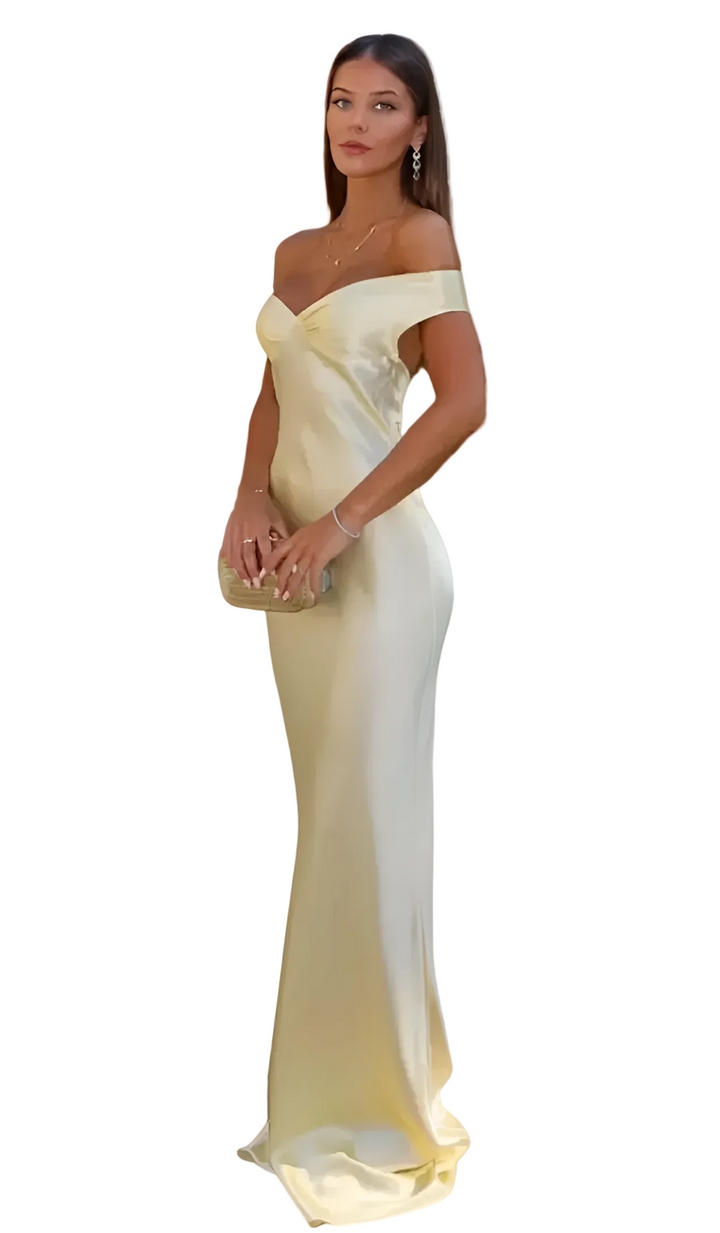 Women's Off-Shoulder V-Neckline Maxi Dress with Wide Straps and Glossy Surface