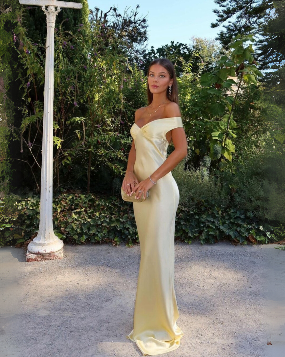 Women's Off-Shoulder V-Neckline Maxi Dress with Wide Straps and Glossy – Trevinae