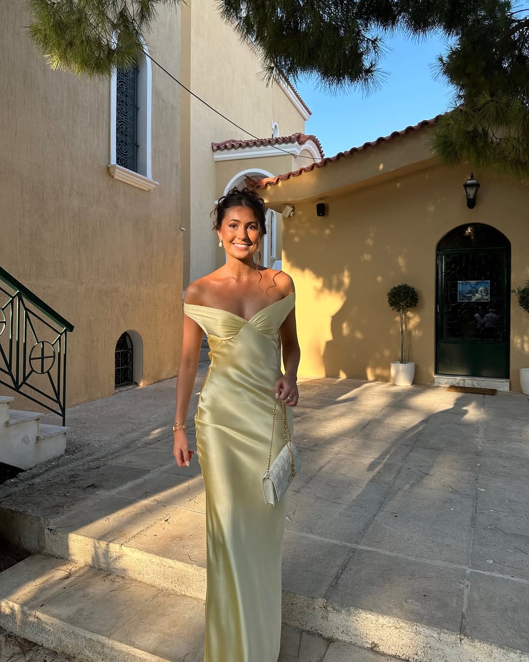Women's Off-Shoulder V-Neckline Maxi Dress with Wide Straps and Glossy Surface