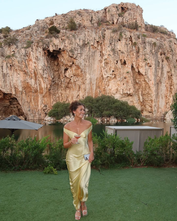 Women's Off-Shoulder V-Neckline Maxi Dress with Wide Straps and Glossy Surface