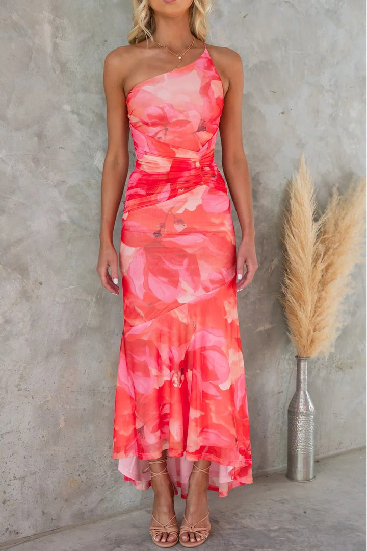 Women's One-Shoulder Floral Maxi Dress with Ruched Waist and Asymmetrical Hem