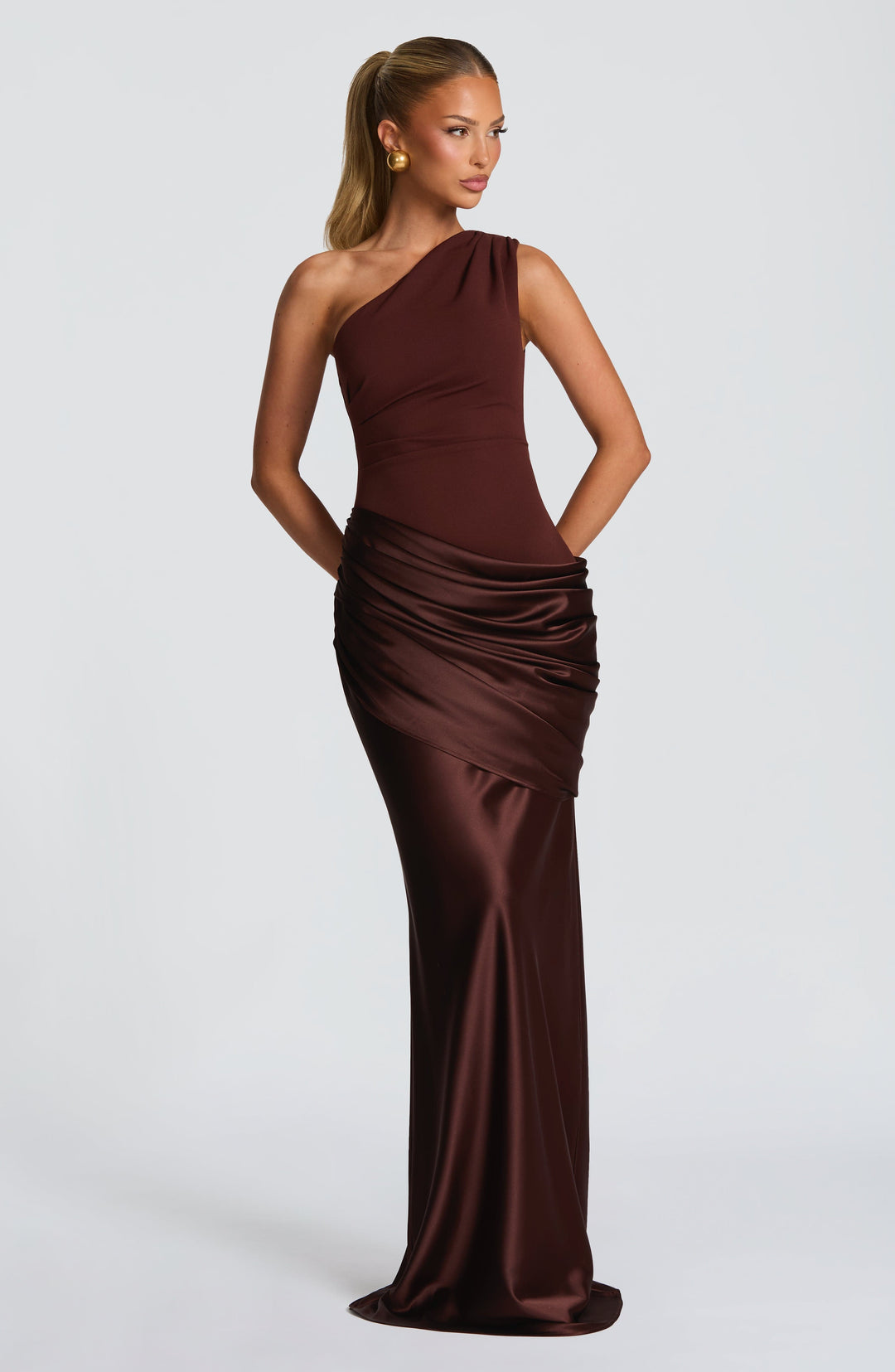 Women's One-Shoulder Maxi Dress with Draped Hip and Glossy Skirt