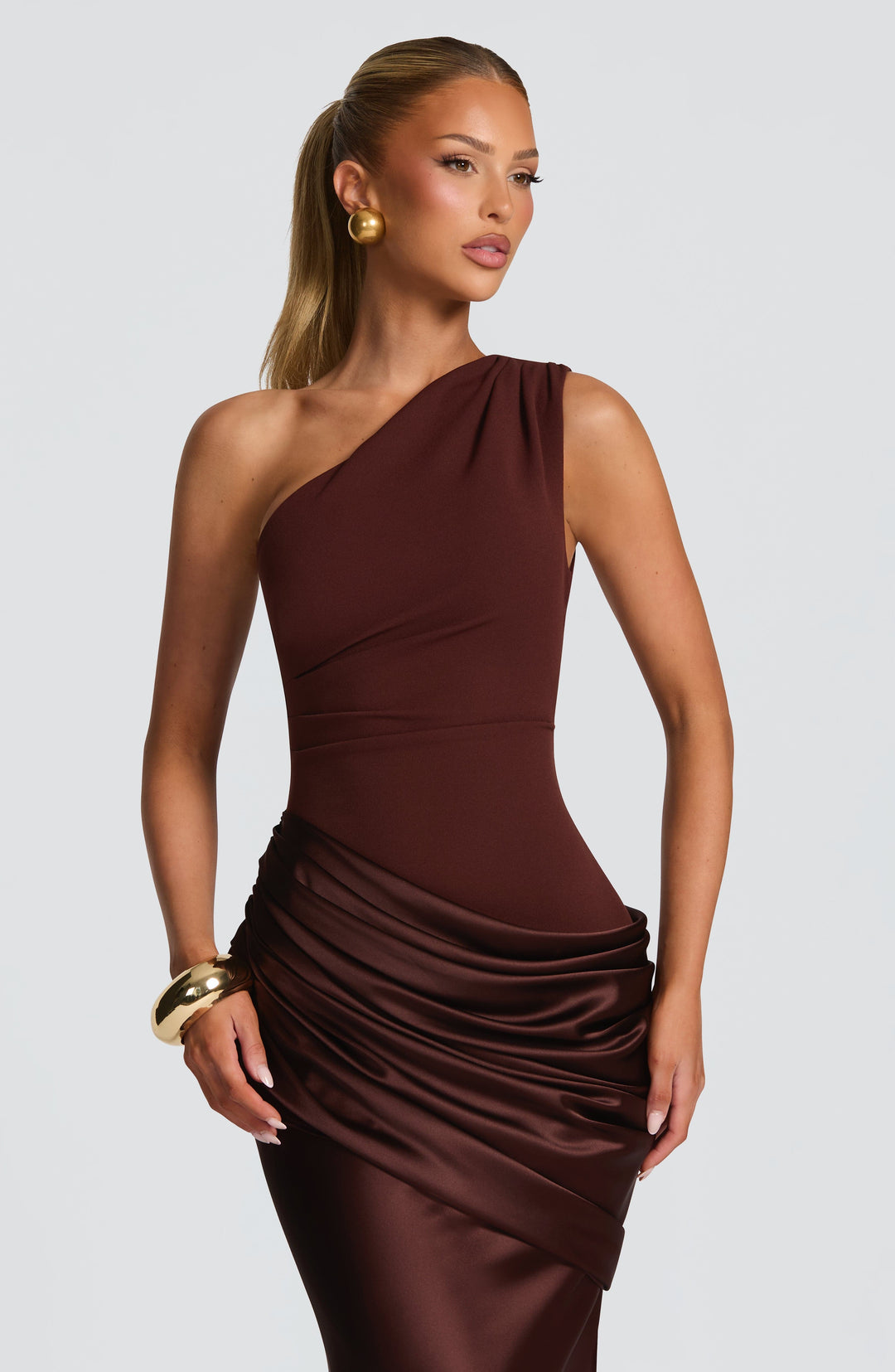 Women's One-Shoulder Maxi Dress with Draped Hip and Glossy Skirt