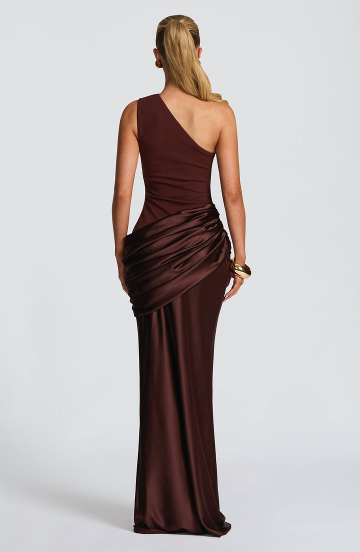 Women's One-Shoulder Maxi Dress with Draped Hip and Glossy Skirt