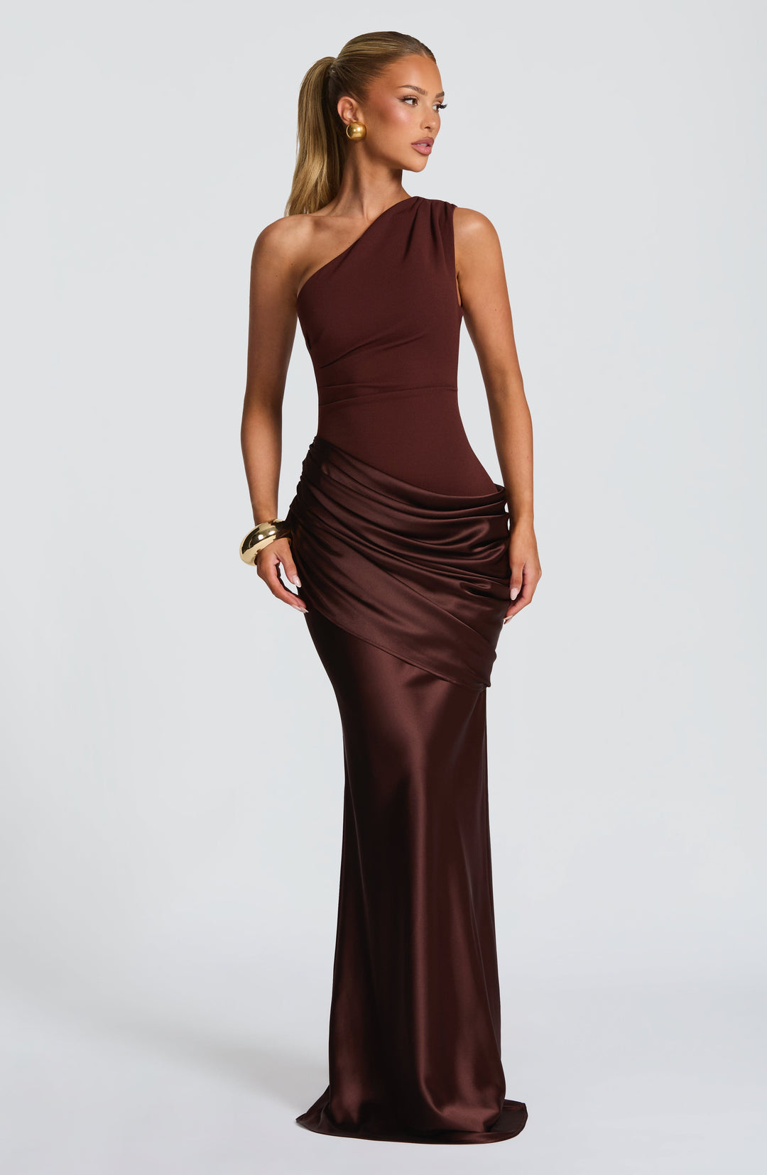 Women's One-Shoulder Maxi Dress with Draped Hip and Glossy Skirt